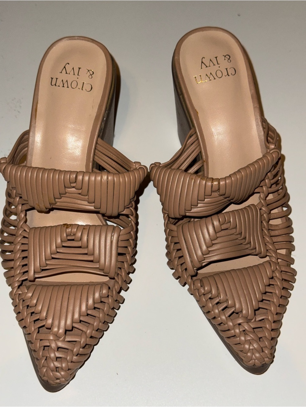 crown & ivy Tan Braided Pointed-Toe Slip-On Mules